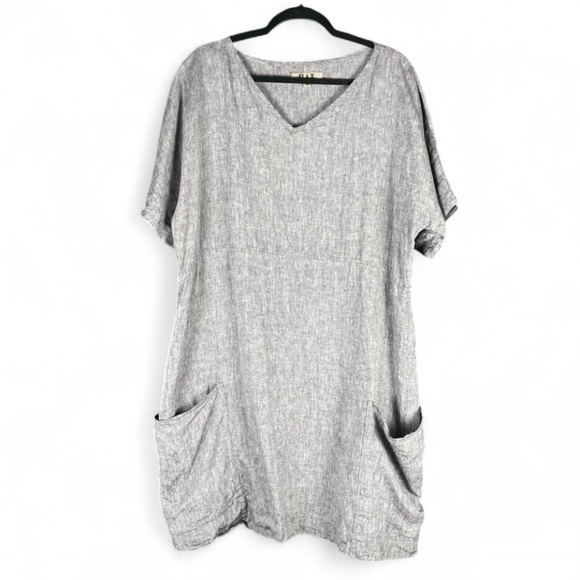 Flax Linen Gray Dress M Lagenlook Boho Minimalist Loose Fit Short Sleeve Pockets - Picture 1 of 6